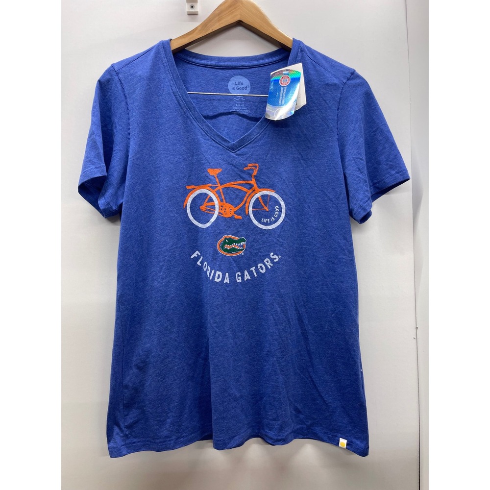 Life is Good Florida Gators V-Neck T-Shirt Blue Bicycle Graphic Women Large NWT